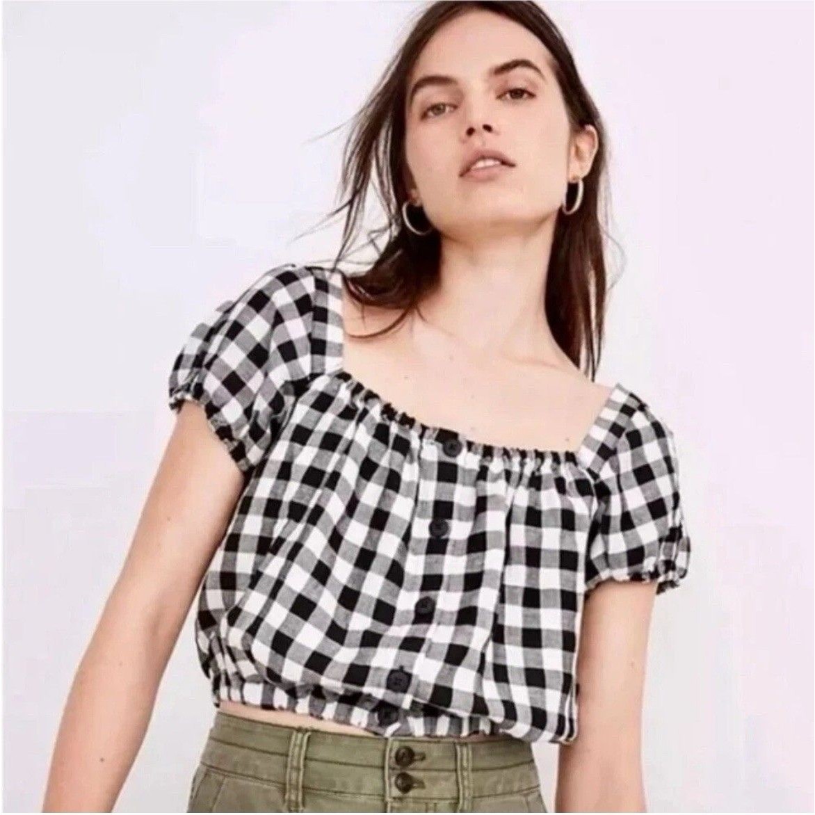 Madewell Gingham Puff Sleeve Top Black White Cropped Square Neck Button Size S